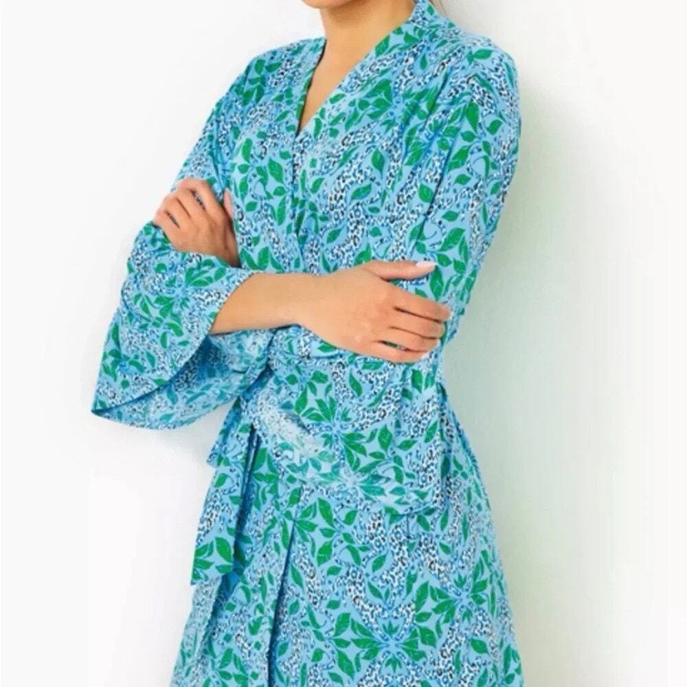 Lilly Pulitzer Sherona Robe Bon Bon Blue Leapin' Leopards Waist Tie Women's S/M